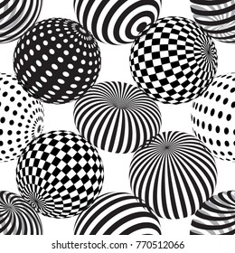 Vector seamless abstract background with dotted, striped spheres. 3d effect. Optical illusion.