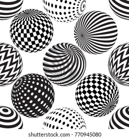 Vector seamless abstract background with dotted, striped spheres. 3d effect. Optical illusion.