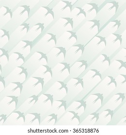 Vector seamless abstract background flock of birds with stripes of light behind (pale blue tone).
