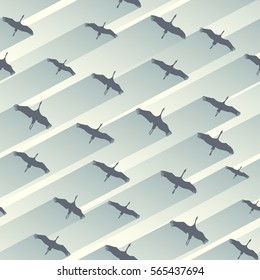 Vector seamless abstract background flock of cranes with stripes of shadow behind.