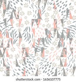 Vector  seamless abstract background with floral and geometric shapes in pastel colors.
