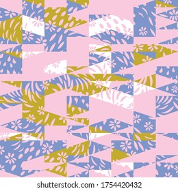 Vector de fondo abstracto sin fisuras con formas florales y geométricas en colores pastel.
