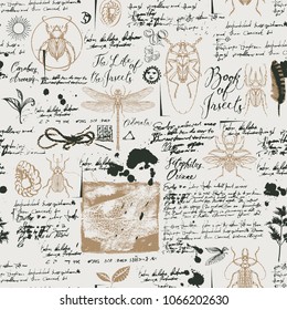 Vector seamless abstract background with insects in retro style. Beetles, dragonflies, ink stains, doodles and handwritten inscriptions on the old manuscripts. Can be used as Wallpaper, wrapping paper