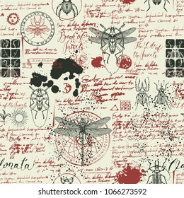 Vector seamless abstract background with insects in retro style. Beetles, dragonflies, ink stains, doodles and handwritten inscriptions on the old manuscripts. Can be used as Wallpaper, wrapping paper