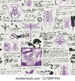 Vector de fondo abstracto sin fisuras con insectos de estilo retro. Escarabajos, libélulas, manchas de tinta, garabatos e inscripciones manuscritas en los antiguos manuscritos. Se puede utilizar como papel tapiz, papel envolvente