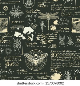 Vector seamless abstract background with insects. Beetles, moths, dragonflies, ink stains, doodles and handwritten inscriptions on the old manuscripts. Can be used as retro Wallpaper, wrapping paper