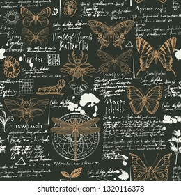 Vector seamless abstract background with insects. Various butterflies, beetles, ink spots, sketches and handwritten inscriptions on the old manuscript. Can be used as retro wallpaper, wrapping paper