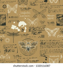 Vector seamless abstract background with insects. Various butterflies, moths, sketches, ink spots and handwritten inscriptions on the old manuscript. Can be used as retro wallpaper, wrapping paper