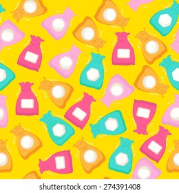 Vector seamless abstract background with kitchen package. Cooking bags and packets. Colorful flat pattern, kitchen stuff. Gifts.