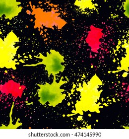 Vector seamless abstract background with watercolor blots and splash on black. Hand painting illustration for print, fabric, textile, wallpaper.