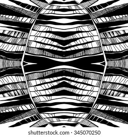 Vector seamless abstract black and white pattern with hand drawn floral motive. Striped background