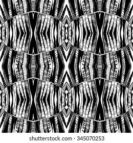 Vector seamless abstract black and white pattern with hand drawn floral motive. Striped background