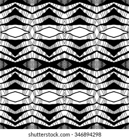 Vector seamless abstract black and white pattern with hand drawn floral motive. Striped background.