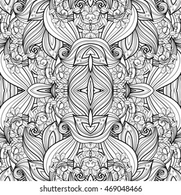 Vector Seamless Abstract Black and White Tribal Pattern. Hand Drawn Ethnic Texture, Flight of Imagination
