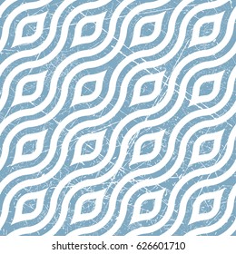 Vector seamless abstract blue and white diagonal waves pattern. Deep sky blue wavy line texture. Wallpaper. Repeating image. EPS 8. Vintage pale fond. Geometric Fond. Scratch. Worn surface.