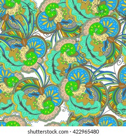 Vector seamless abstract boho colored pattern with floral ornament. Hand drawn repeating element.  Ethnic background. Gypsy pattern.