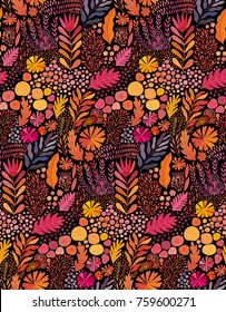 Vector seamless abstract botanical  ethnic painting. Artistic handmade batik print, floral oriental textile, fabric.