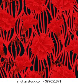 Vector Seamless abstract Carnation Floral print Pattern. Flower drawing pattern with red carnation, wave strips on the background. Background for your design projects.