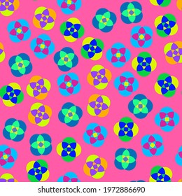 Vector seamless abstract colorful pattern with flowers in circles on pink background.