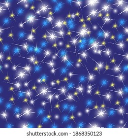 Vector seamless abstract decorative pattern starry winter snowy sky with Christmas lights, festive background.