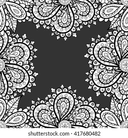 Vector seamless abstract doodles floral pattern on black background.