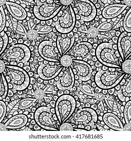 Vector seamless abstract doodles floral pattern with shadows.