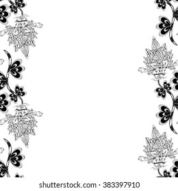 Vector seamless abstract floral doodles pattern on white background, monochrome. 