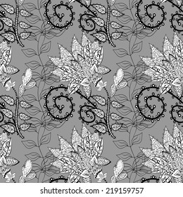 vector seamless abstract floral pattern, monochrome, 