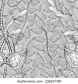 vector seamless abstract floral pattern on gray background, monochrome, 