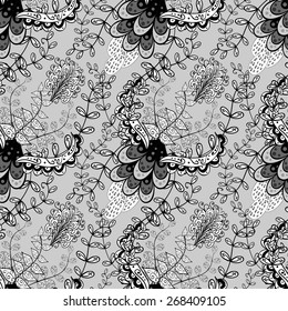 vector seamless abstract floral pattern, monochrome, 