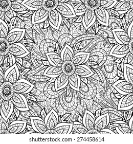 vector seamless abstract floral pattern, monochrome. Black and white vector seamless pattern, vintage doodles ornament.