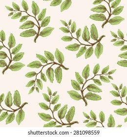 Vector seamless abstract floral pattern from green watercolor painted garden rose branch with leaves silhouette on a light beige background