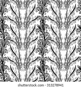 vector seamless abstract floral pattern, monochrome. Black and white vector seamless pattern, vintage doodles ornament.