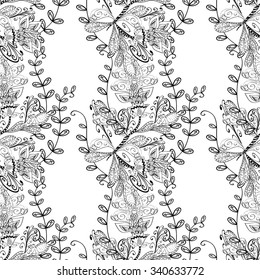 vector seamless abstract floral pattern, monochrome. Black and white vector seamless pattern, vintage doodles ornament.