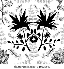 vector seamless abstract floral pattern, monochrome. Black and white vector seamless pattern, vintage doodles ornament.