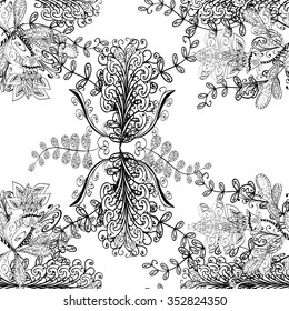 vector seamless abstract floral pattern, monochrome. Black and white vector seamless pattern, vintage doodles ornament.