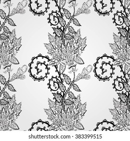 Vector seamless abstract floral pattern on gray radial shadows background, monochrome. 
