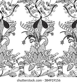 Vector seamless abstract floral pattern on white background, monochrome.