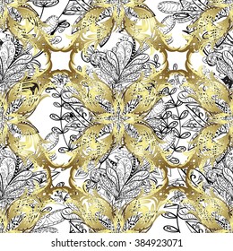 Vector seamless abstract floral pattern, monochrome. Black and white vector seamless pattern, vintage doodles ornament. Golden grid.