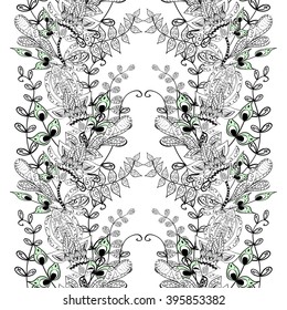 Vector seamless abstract floral pattern on white background, monochrome.