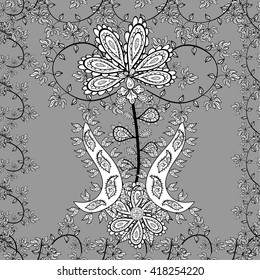 Vector seamless abstract floral pattern, monochrome, gray background.