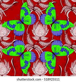 vector seamless abstract floral pattern with white flowers and green butterflies.