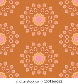 Vector seamless abstract floral tiles pattern in geometric layout. Ethnic pink yellow doodle background. Wallpaper, fabric, paper, textile template. Hand drawn surface pattern design.