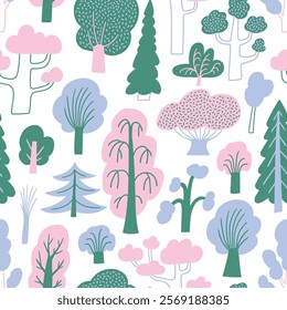 Vector seamless abstract forest pattern with doodle trees and branches. Funny nature gift wrapping paper texture or baby fabric design. Hand drawn vector scandinavian background.