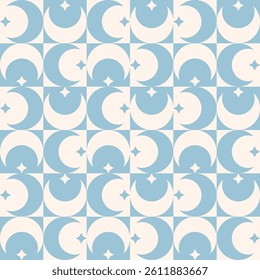 Vector Seamless Abstract Geometric Blue Pattern with Moon, Stars and Squares