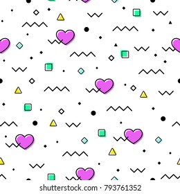 Vector seamless abstract geometric lines pattern with dynamic objects. Modern background for valentine day with hearts