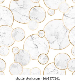 Vector seamless abstract geometric pattern with gold lines and gray marble circles. Modern chic metallic and stone texture on white background 