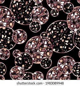 Vector seamless abstract geometric pattern with gold lines, gray and brown terrazzo circles. Modern chic luxury metallic and stone texture black background 
