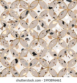Vector seamless abstract geometric pattern with gold lines, gray and brown terrazzo segments circles. Modern chic luxury metallic and stone texture background 