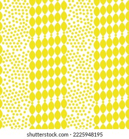 Vector seamless abstract geometric pattern. Yellow, white colors. Vertical ornament. Oval elements, dots, circles. Design for textile fabrics, wrapping paper, background, wallpaper, cover.